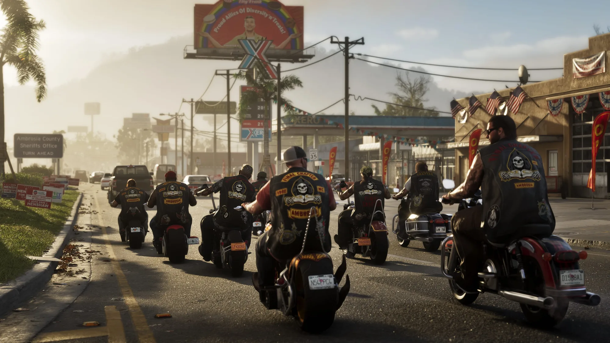A motorcycle club in matching black and orange Lambros vests rides in formation down a hazy, sun-bleached main street lined with palm trees and billboards.