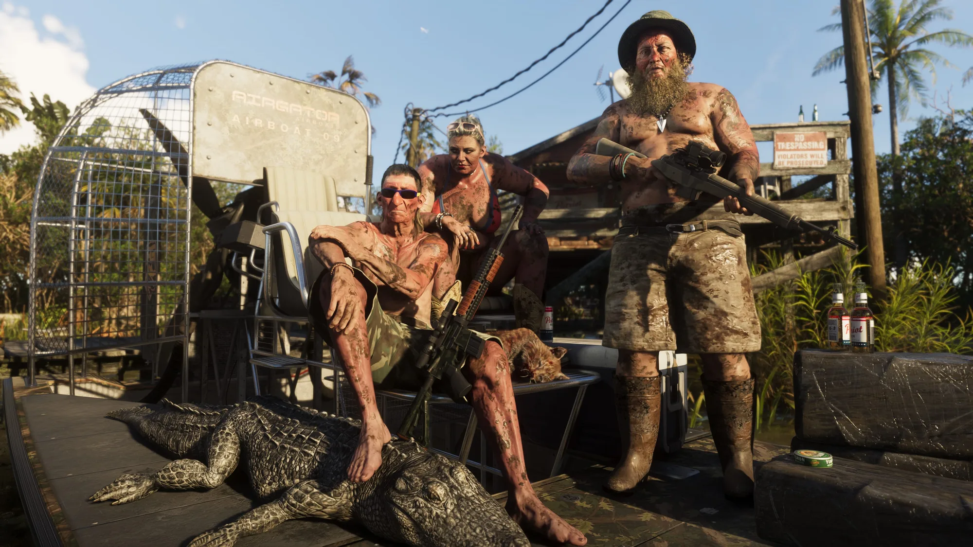 Three tattooed men in rugged clothing pose with weapons around a dark airboat on a wooden dock in a swampy, palm-lined setting, with two alligators in the foreground.